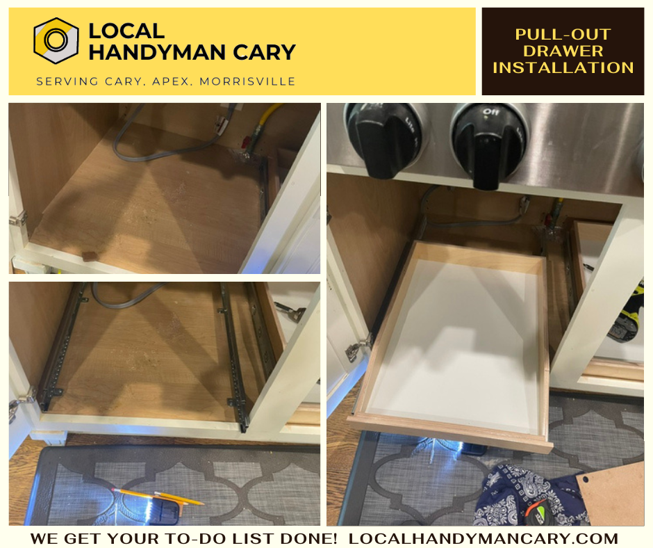 kitchen cabinet pull-out drawer installation in Cary, NC
